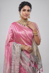 Pink and Grey Omber Organza Silk Saree with Weaving Pallu and Readymade Blouse