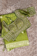 Olive Green Dola Tissue Silk Woven Saree with Readymade Blouse