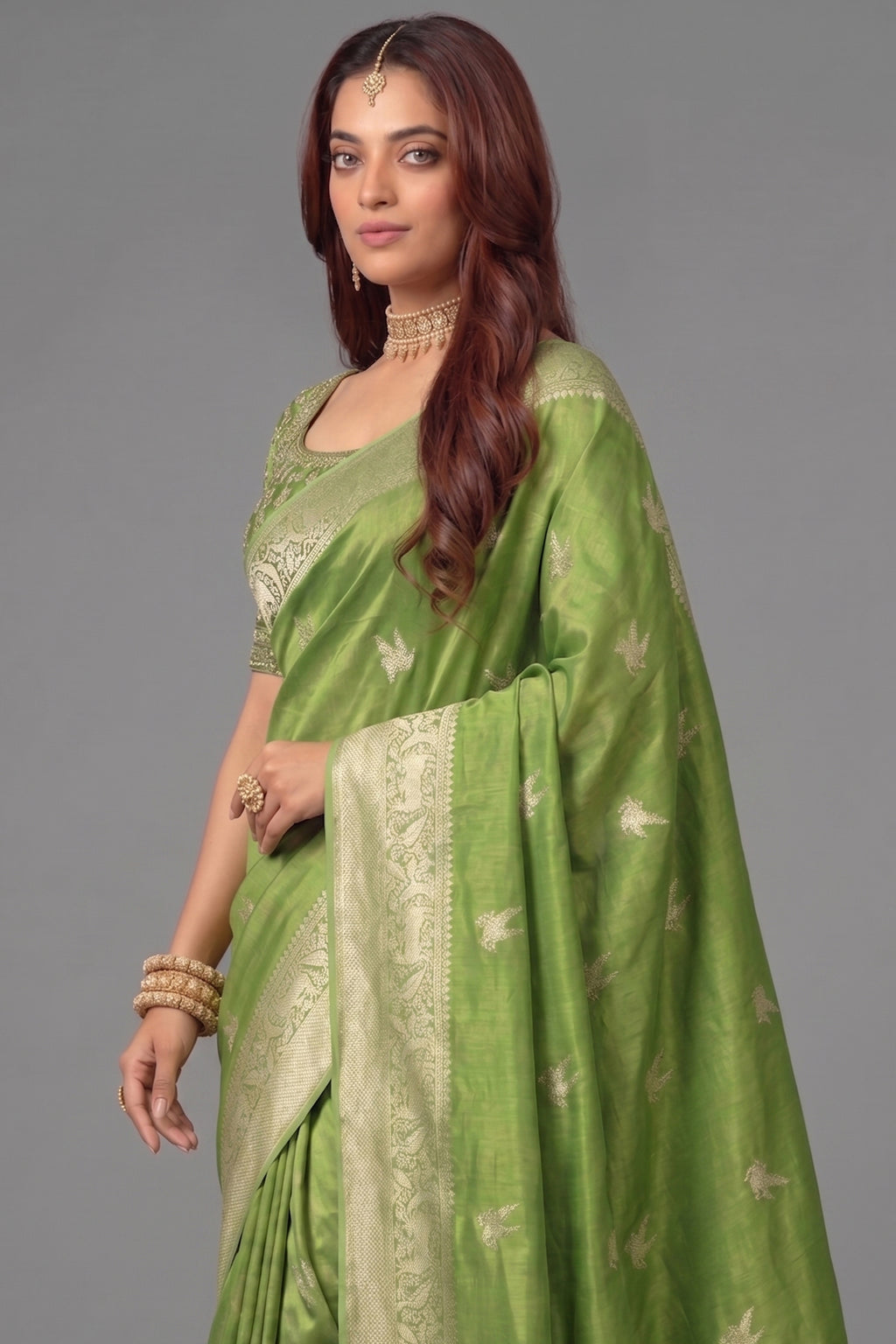 Olive Green Dola Tissue Silk Woven Saree with Readymade Blouse