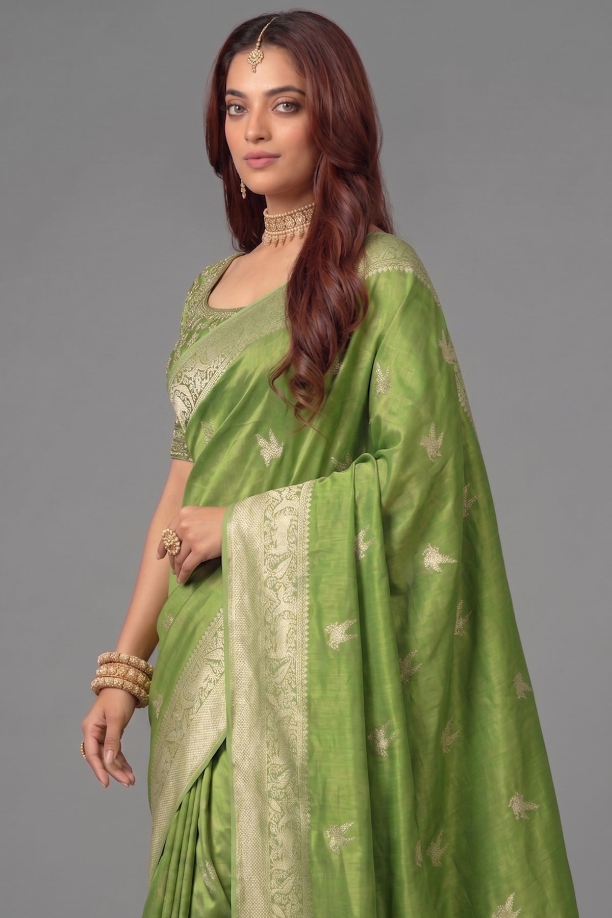 Olive Green Dola Tissue Silk Woven Saree with Readymade Blouse