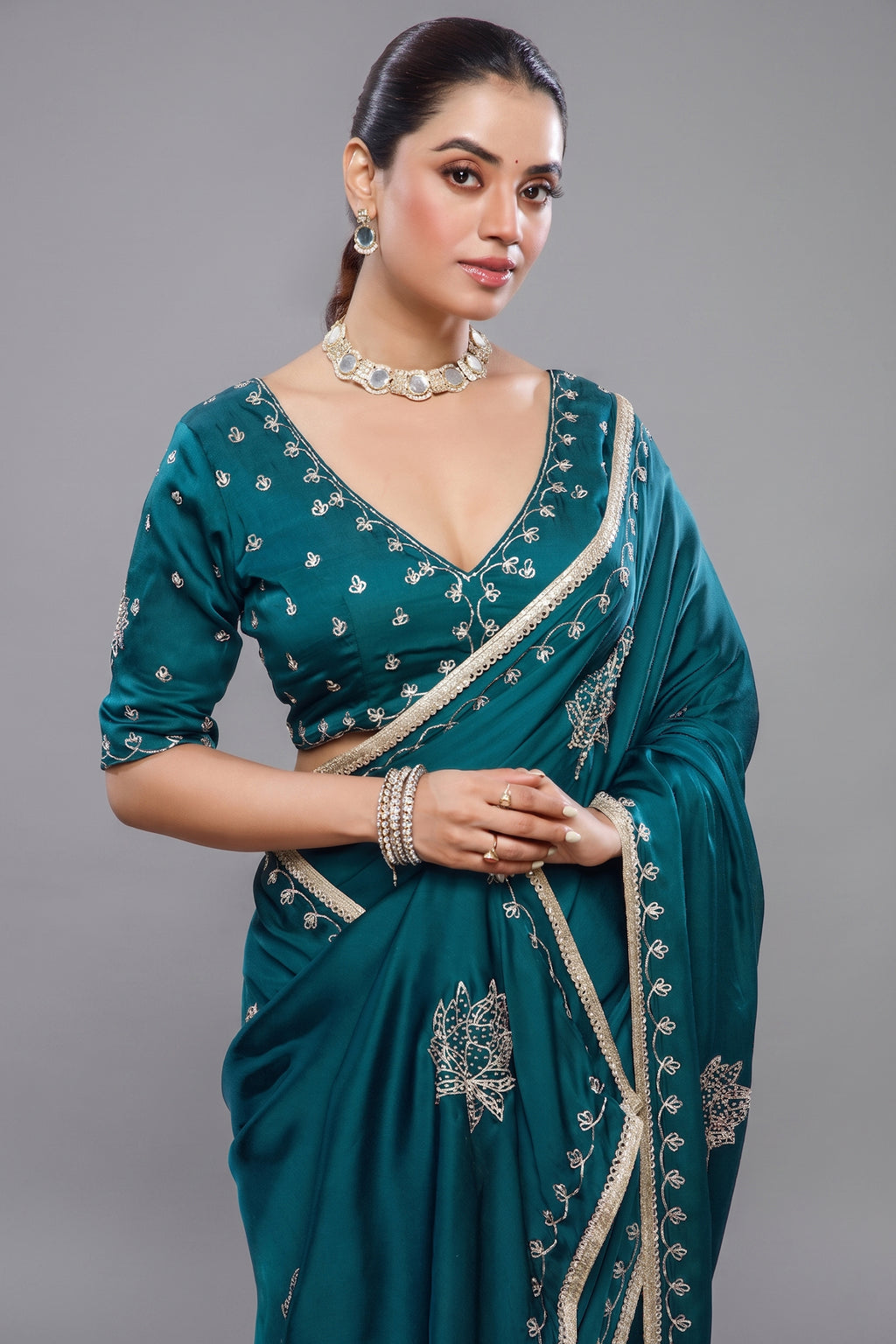 Peacock Blue Satin Silk Beads and Mirror Worked Saree with Readymade Blouse