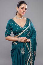 Peacock Blue Satin Silk Beads and Mirror Worked Saree with Readymade Blouse