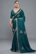 Peacock Blue Satin Silk Beads and Mirror Worked Saree with Readymade Blouse