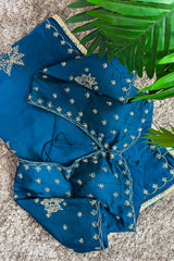Peacock Blue Satin Silk Beads and Mirror Worked Saree with Readymade Blouse