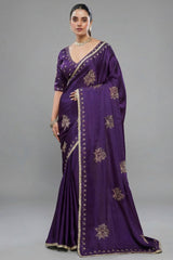 Purple Satin Silk Beads and Mirror Worked Saree with Readymade Blouse