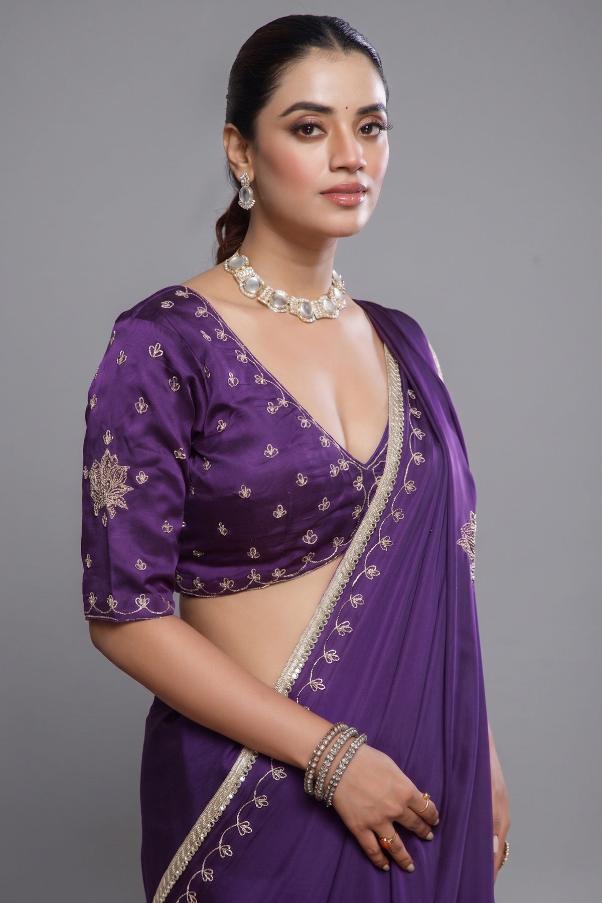 Purple Satin Silk Beads and Mirror Worked Saree with Readymade Blouse