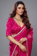 Rani Pink Satin Silk Beads and Mirror Worked Saree with Readymade Blouse