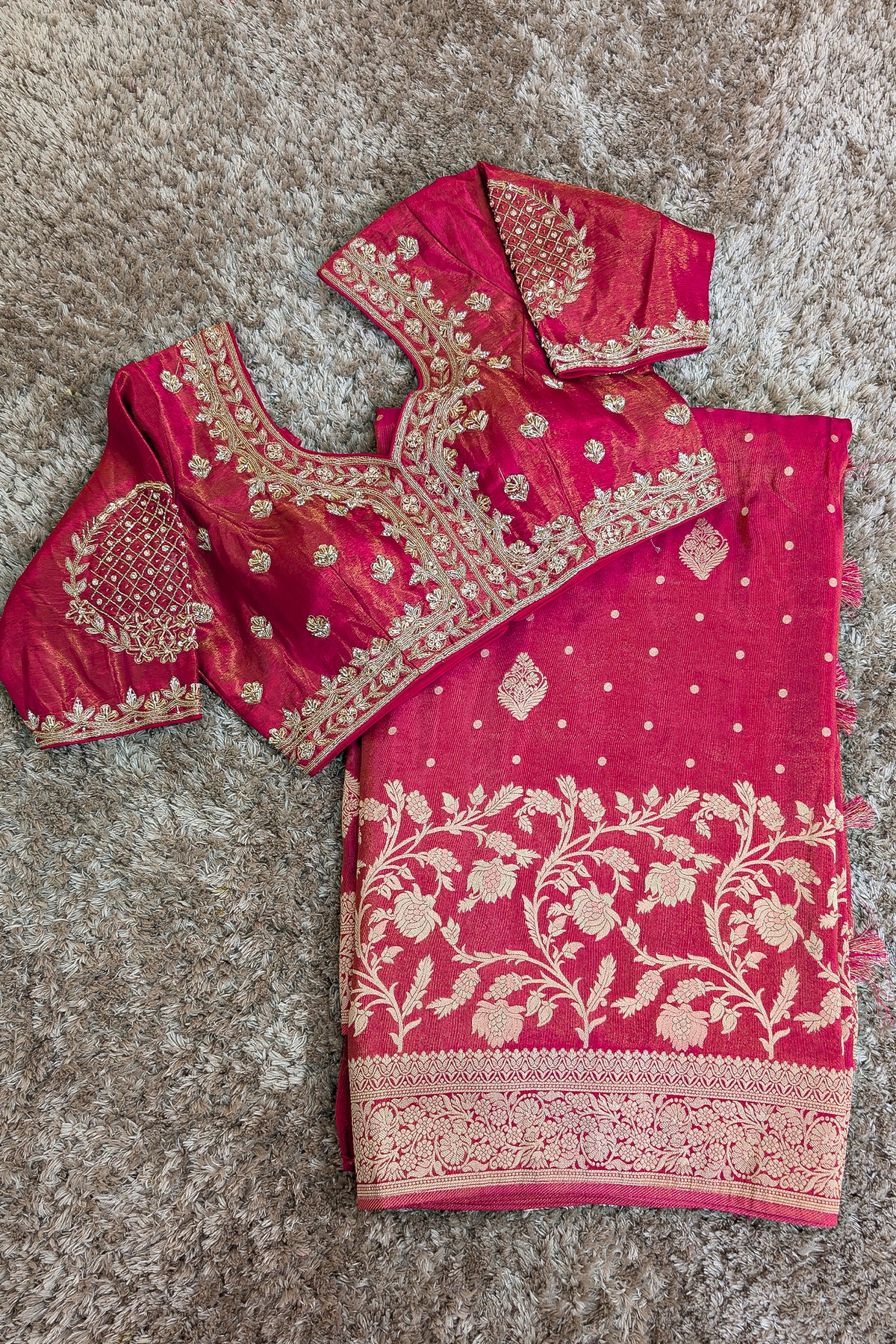 Red Dola Tissue Silk Floral Woven Saree with Readymade Blouse