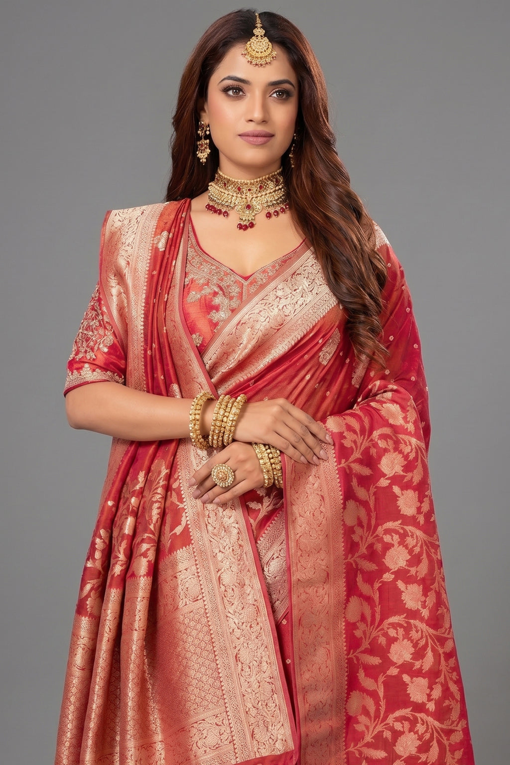 Red Dola Tissue Silk Floral Woven Saree with Readymade Blouse