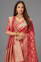 Red Dola Tissue Silk Floral Woven Saree with Readymade Blouse