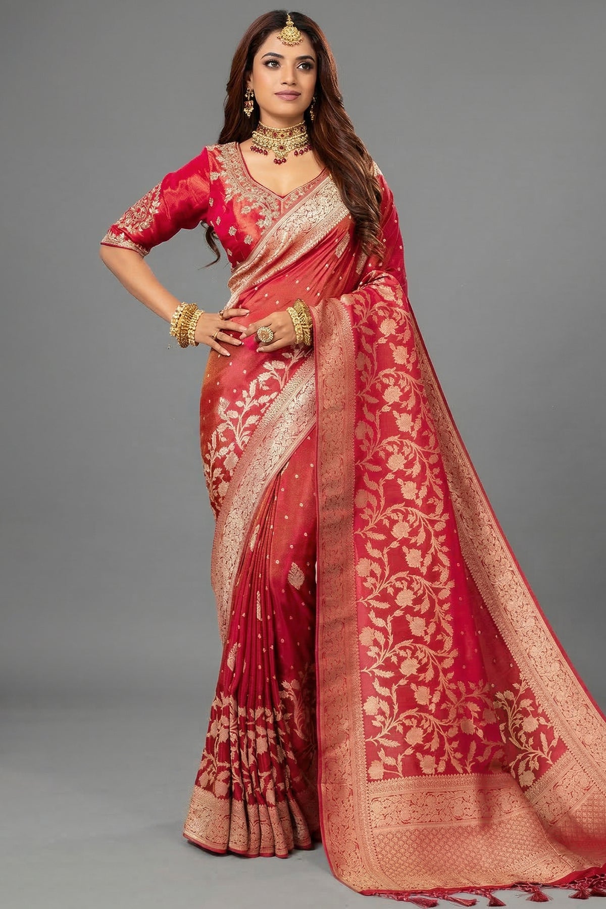 Red Dola Tissue Silk Floral Woven Saree with Readymade Blouse