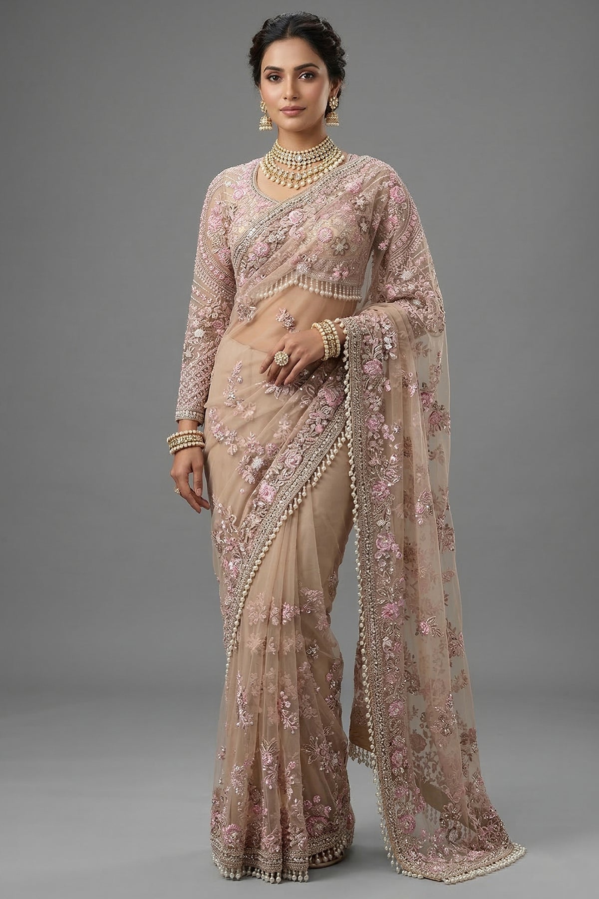 Nude Beige Net Sequin Embroidered Saree with Full Sleeve Readymade Blouse