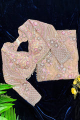 Nude Beige Net Sequin Embroidered Saree with Full Sleeve Readymade Blouse