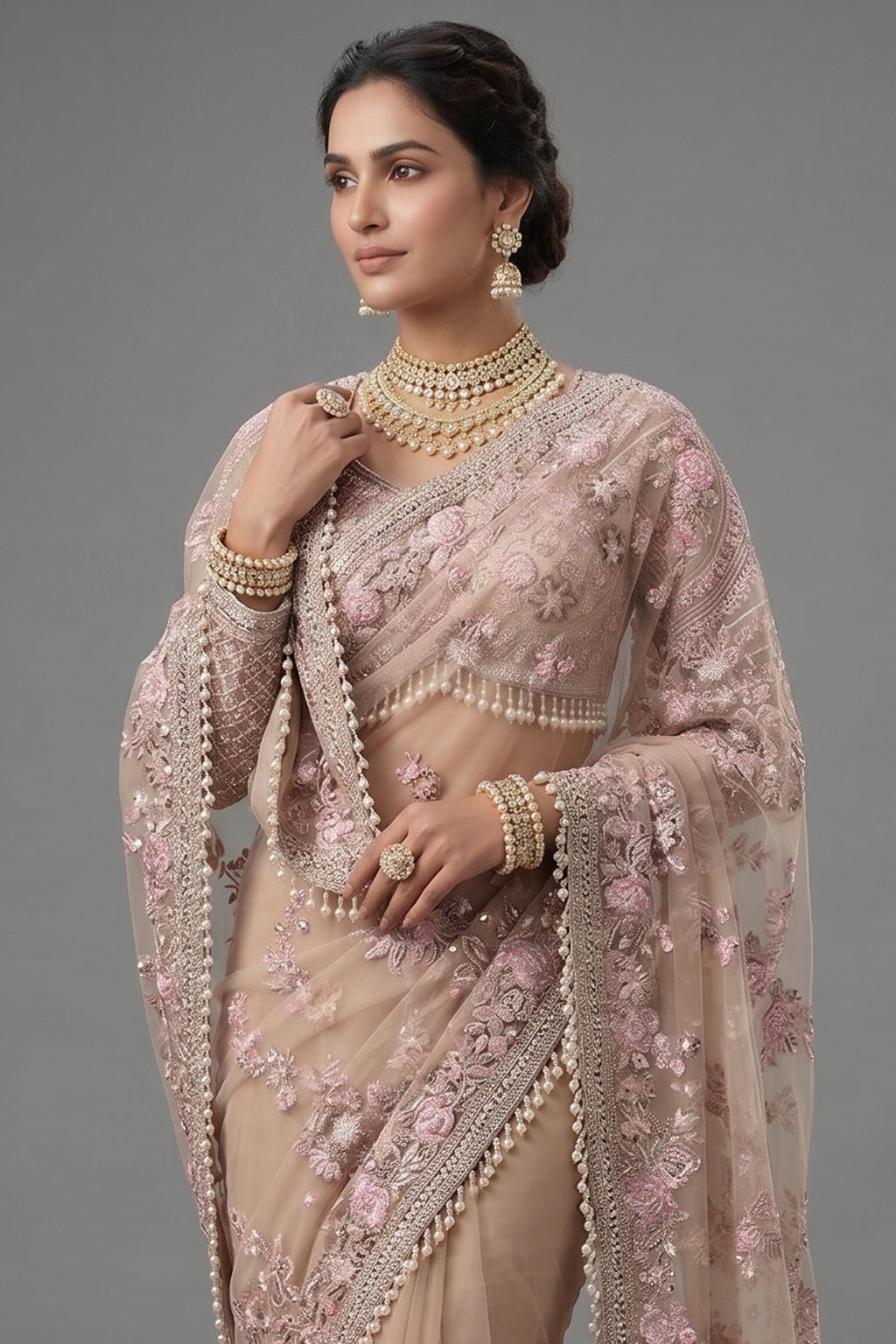 Nude Beige Net Sequin Embroidered Saree with Full Sleeve Readymade Blouse