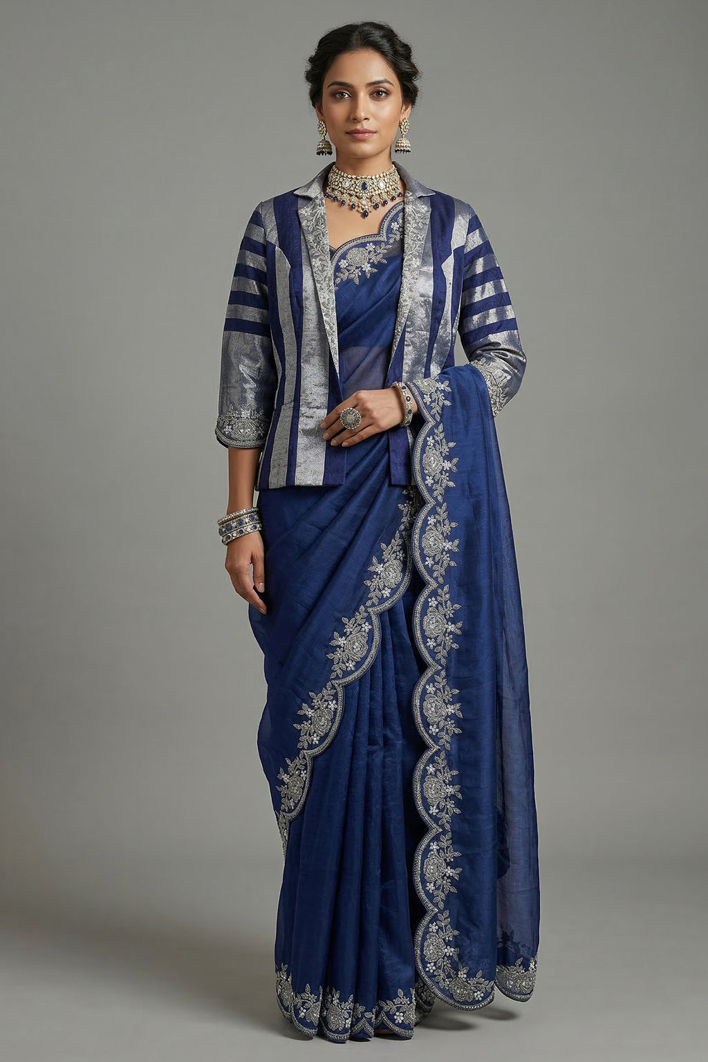 Blue Organza Solid Saree with Scalloped Zardosi Cutdana Worked Border and jacket-style Readymade Blouse