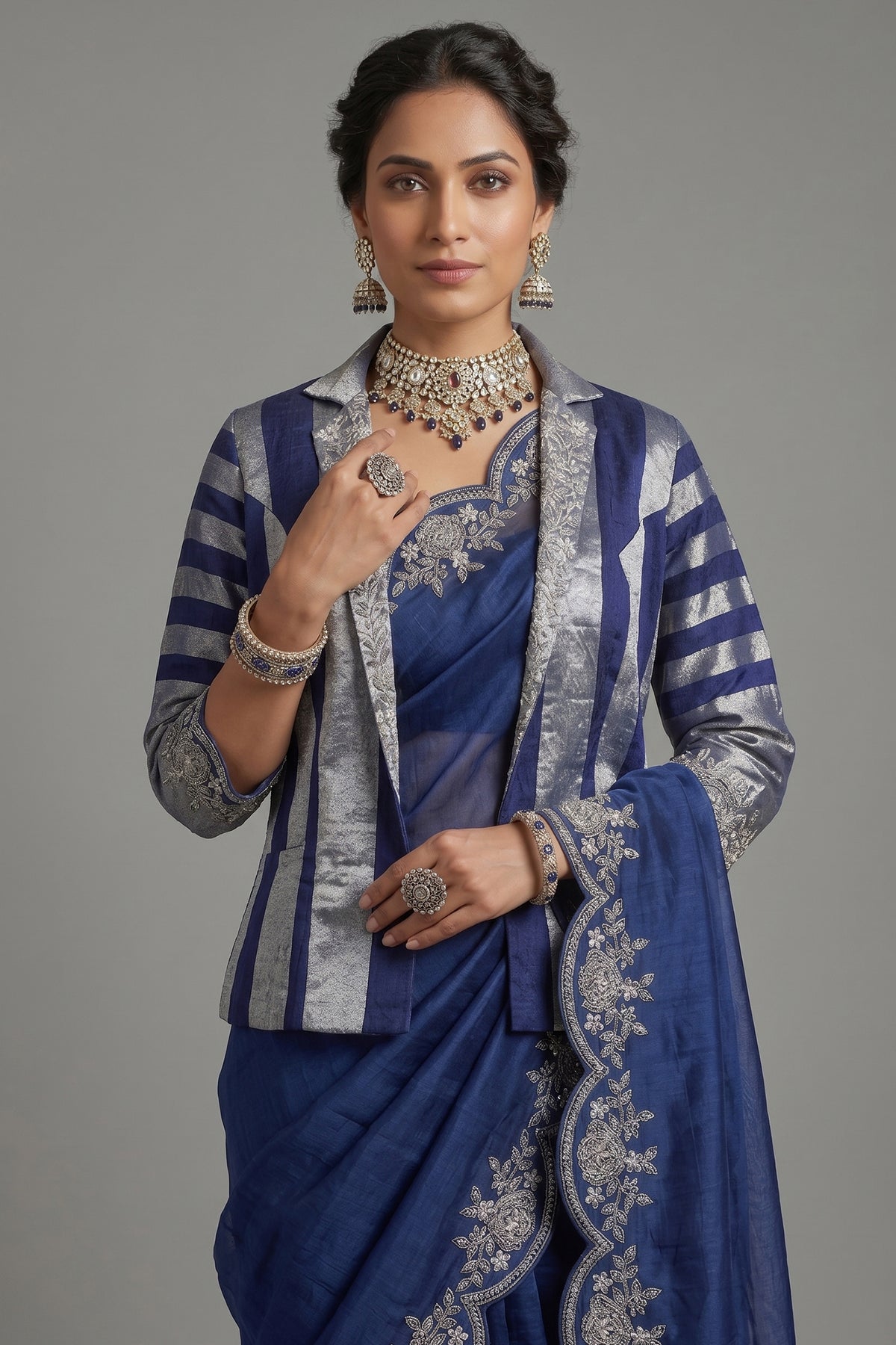 Blue Organza Solid Saree with Scalloped Zardosi Cutdana Worked Border and jacket-style Readymade Blouse