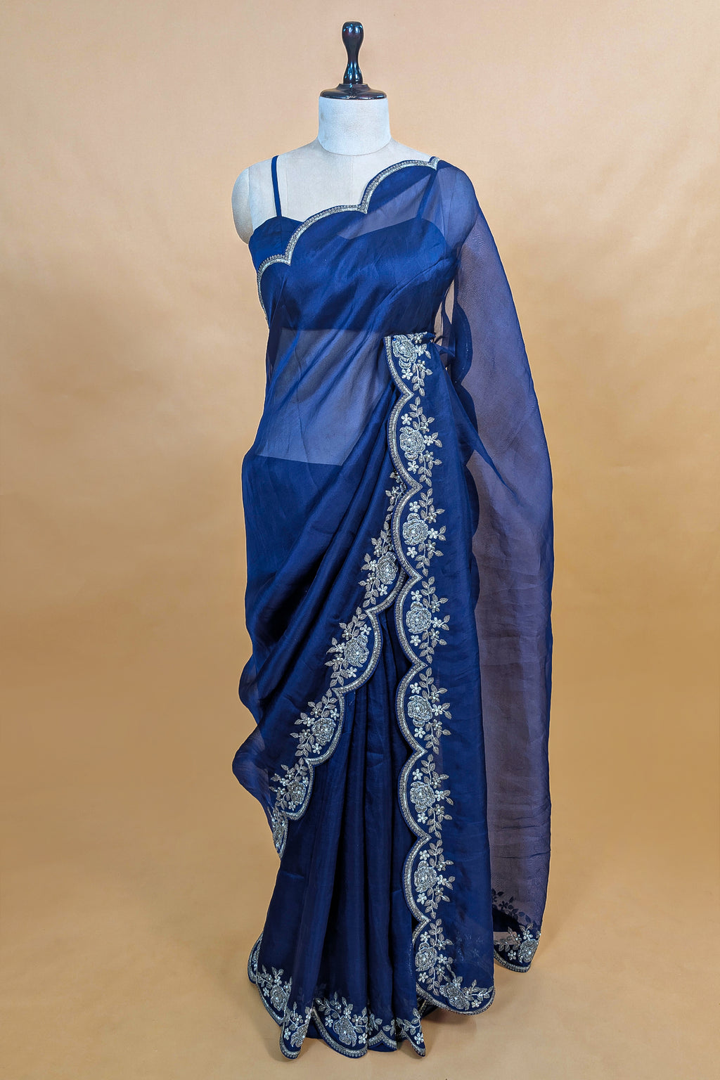Blue Organza Solid Saree with Scalloped Zardosi Cutdana Worked Border and jacket-style Readymade Blouse