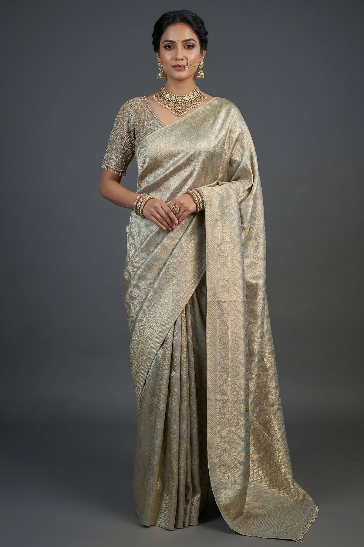 Light Grey and Golden Two Toned Moroccan Design Woven Saree with Designer Readymade Blouse