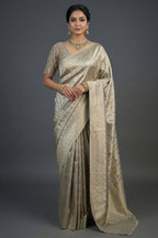 Light Grey and Golden Two Toned Moroccan Design Woven Saree with Designer Readymade Blouse