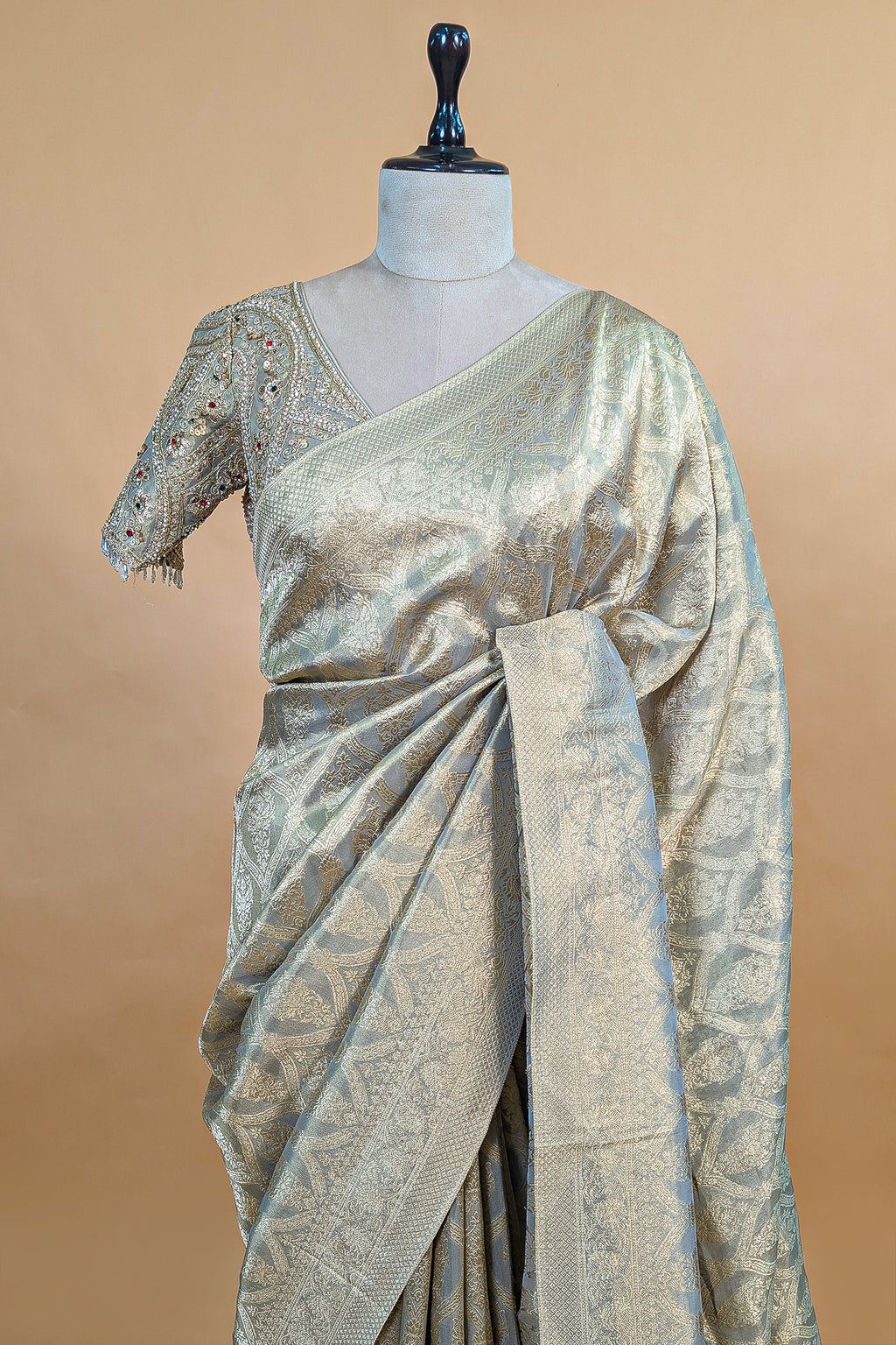 Light Grey and Golden Two Toned Moroccan Design Woven Saree with Designer Readymade Blouse