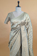 Light Grey and Golden Two Toned Moroccan Design Woven Saree with Designer Readymade Blouse