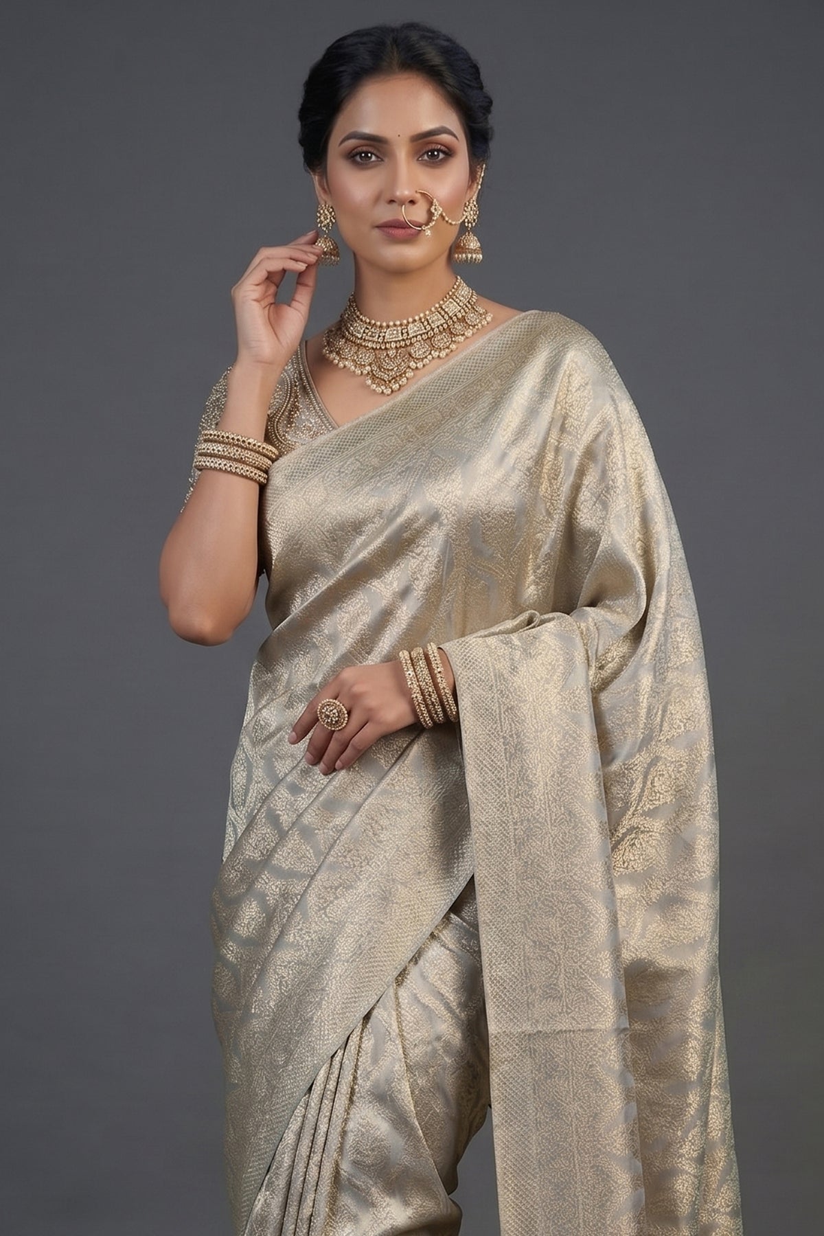 Light Grey and Golden Two Toned Moroccan Design Woven Saree with Designer Readymade Blouse