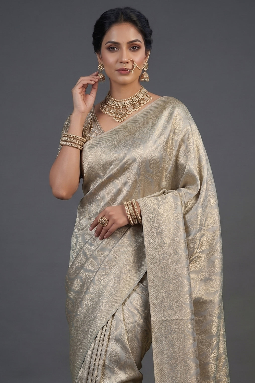 Light Grey and Golden Two Toned Moroccan Design Woven Saree with Designer Readymade Blouse
