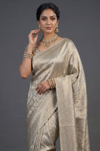 Light Grey and Golden Two Toned Moroccan Design Woven Saree with Designer Readymade Blouse