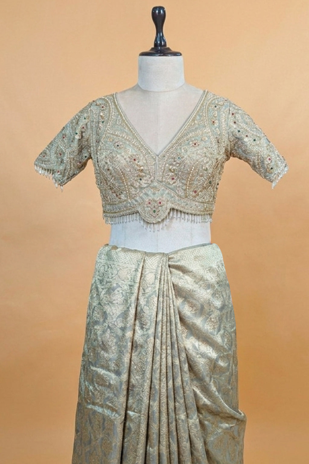 Light Grey and Golden Two Toned Moroccan Design Woven Saree with Designer Readymade Blouse