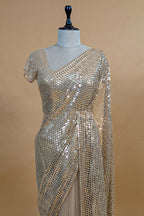 Beige Net Half and Half Designer Saree with Sequins and Cutdana Work