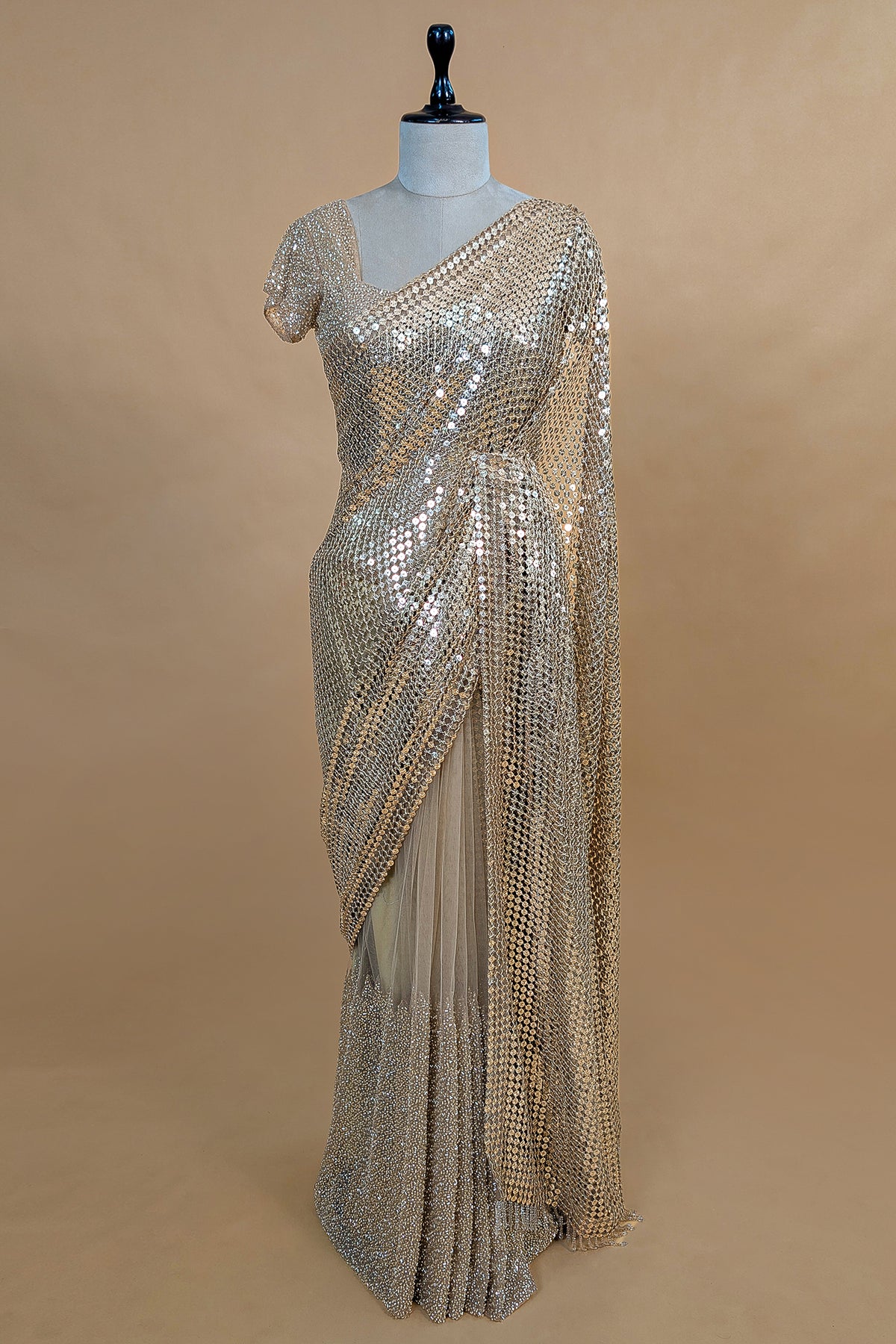 Beige Net Half and Half Designer Saree with Sequins and Cutdana Work