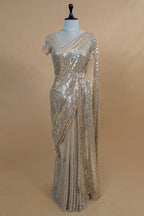 Beige Net Half and Half Designer Saree with Sequins and Cutdana Work