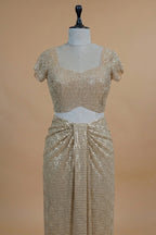 Beige Net Half and Half Designer Saree with Sequins and Cutdana Work