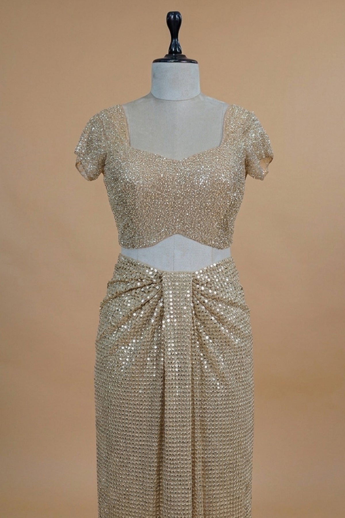Beige Net Half and Half Designer Saree with Sequins and Cutdana Work