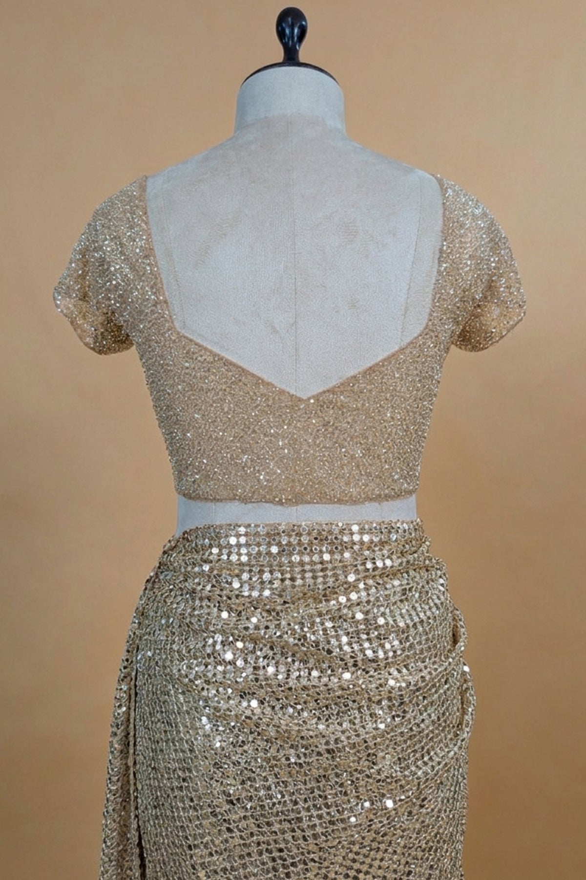 Beige Net Half and Half Designer Saree with Sequins and Cutdana Work