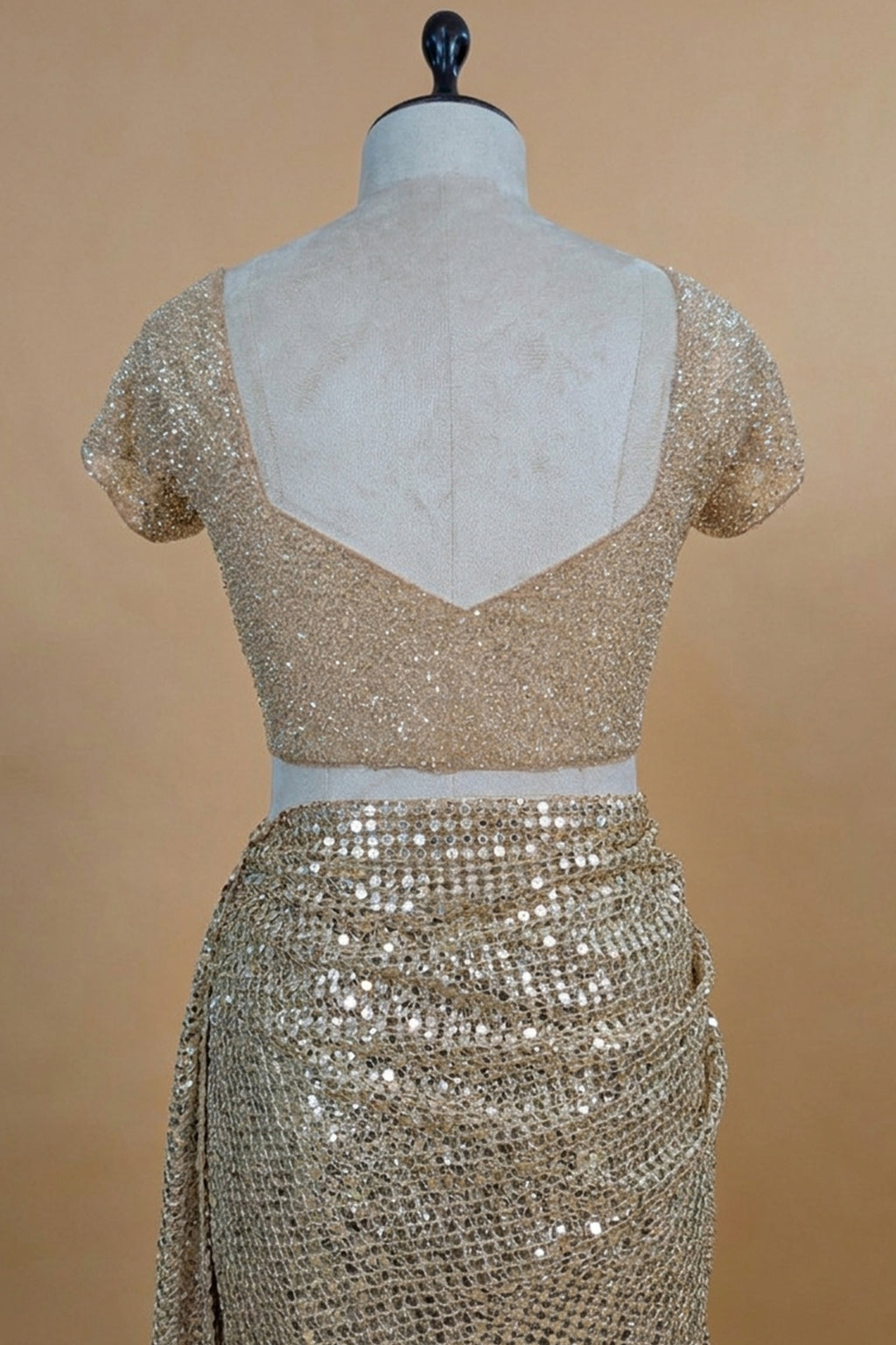 Beige Net Half and Half Designer Saree with Sequins and Cutdana Work