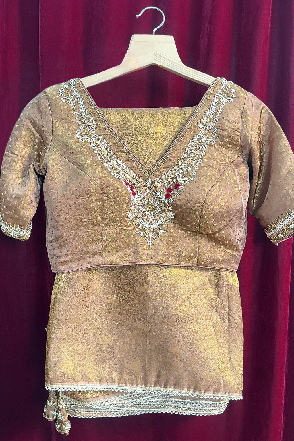 Beige and Golden Two Toned Woven Saree with Beaded V Neckline Readymade Blouse