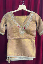 Beige and Golden Two Toned Woven Saree with Beaded V Neckline Readymade Blouse