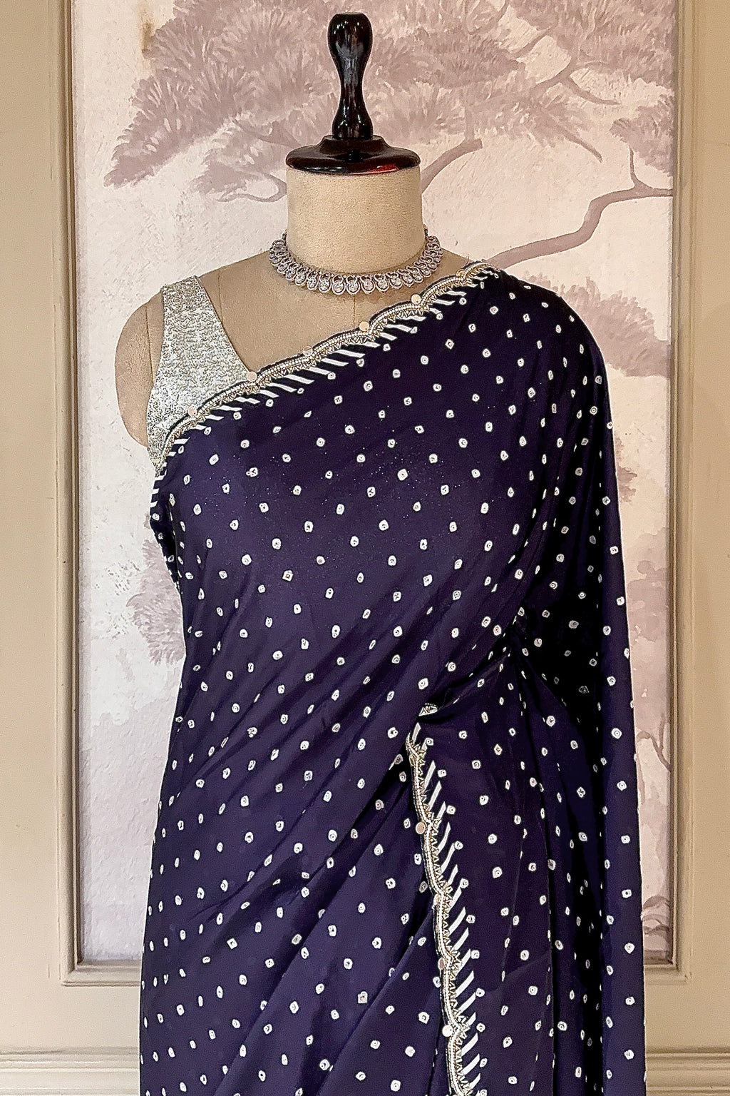 Dark Blue Crepe Silk Printed Saree with Scallop Cutdana Beaded Border