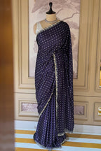 Dark Blue Crepe Silk Printed Saree with Scallop Cutdana Beaded Border