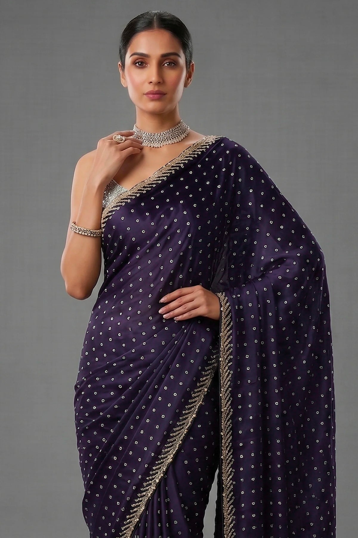 Dark Blue Crepe Silk Printed Saree with Scallop Cutdana Beaded Border