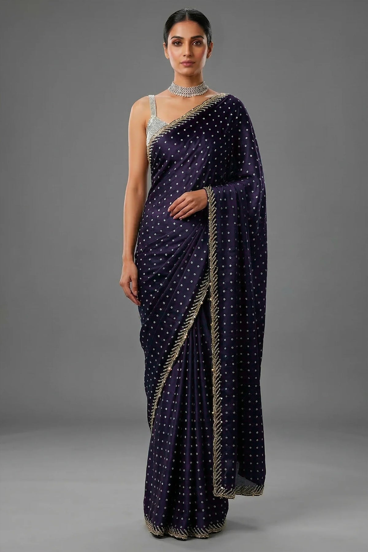 Dark Blue Crepe Silk Printed Saree with Scallop Cutdana Beaded Border