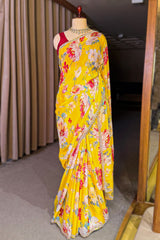 Yellow Crepe Silk Digital Floral Printed Saree with Sequin Cutdana Work Lace