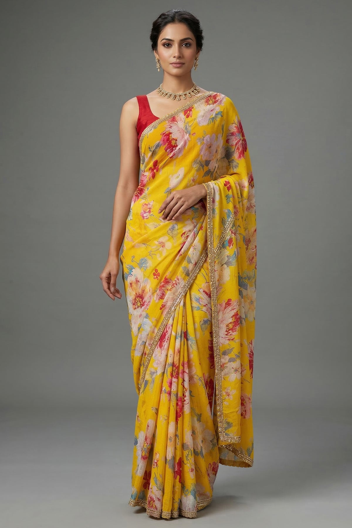 Yellow Crepe Silk Digital Floral Printed Saree with Sequin Cutdana Work Lace