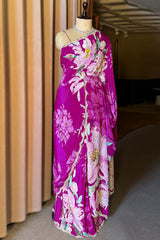 Magenta Crepe Silk Floral Printed Saree with Scallop Sequin Beaded Border