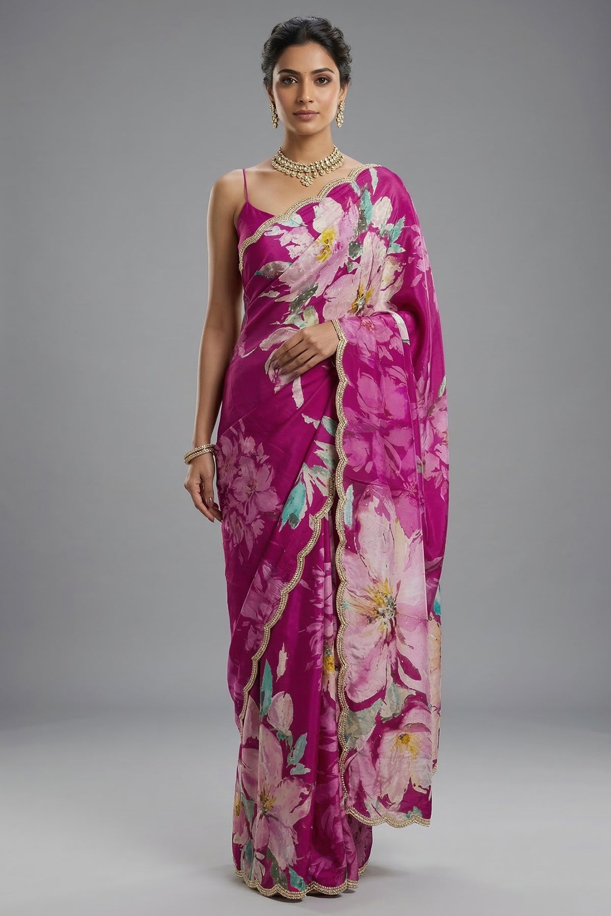 Magenta Crepe Silk Floral Printed Saree with Scallop Sequin Beaded Border