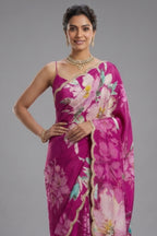 Magenta Crepe Silk Floral Printed Saree with Scallop Sequin Beaded Border