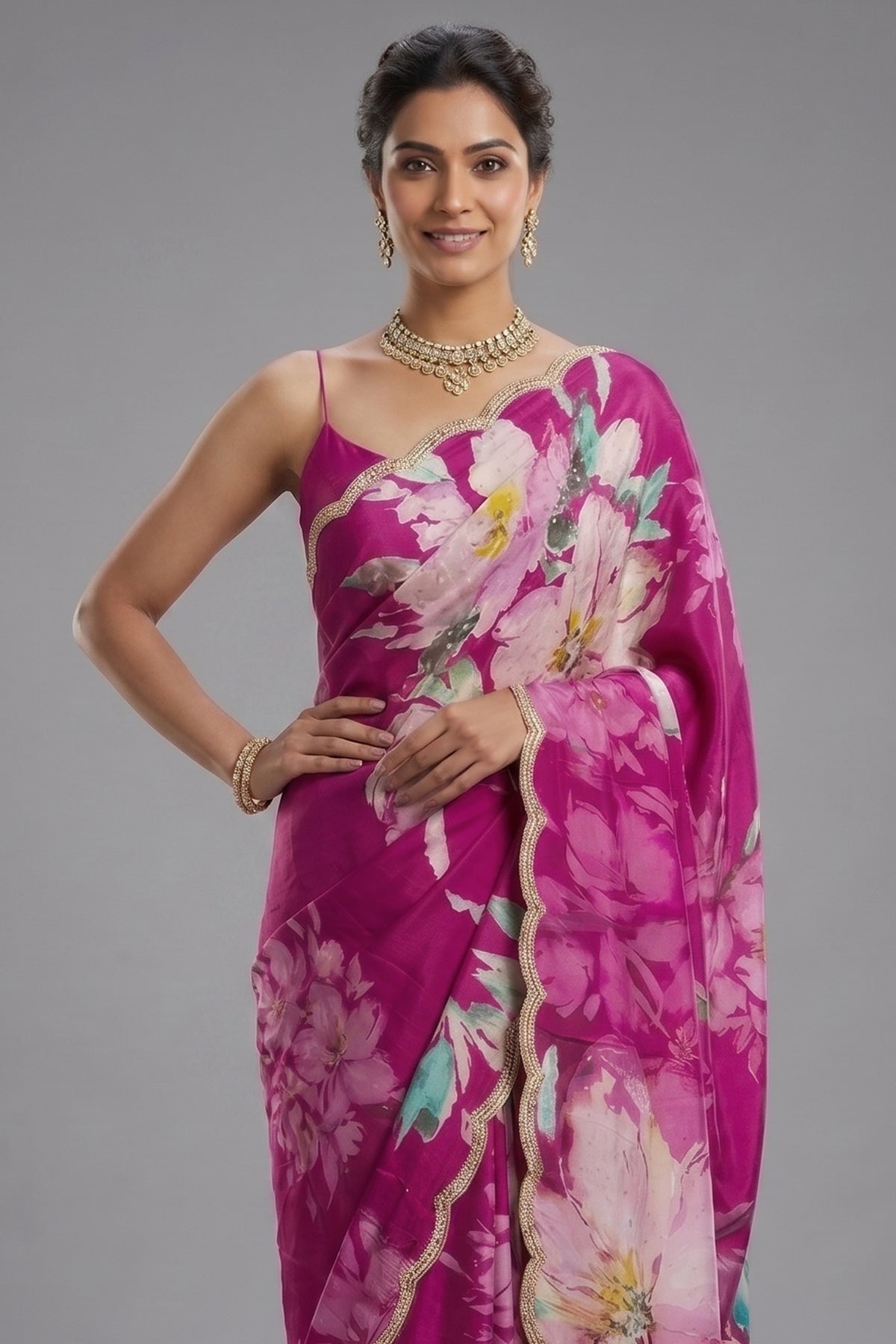 Magenta Crepe Silk Floral Printed Saree with Scallop Sequin Beaded Border
