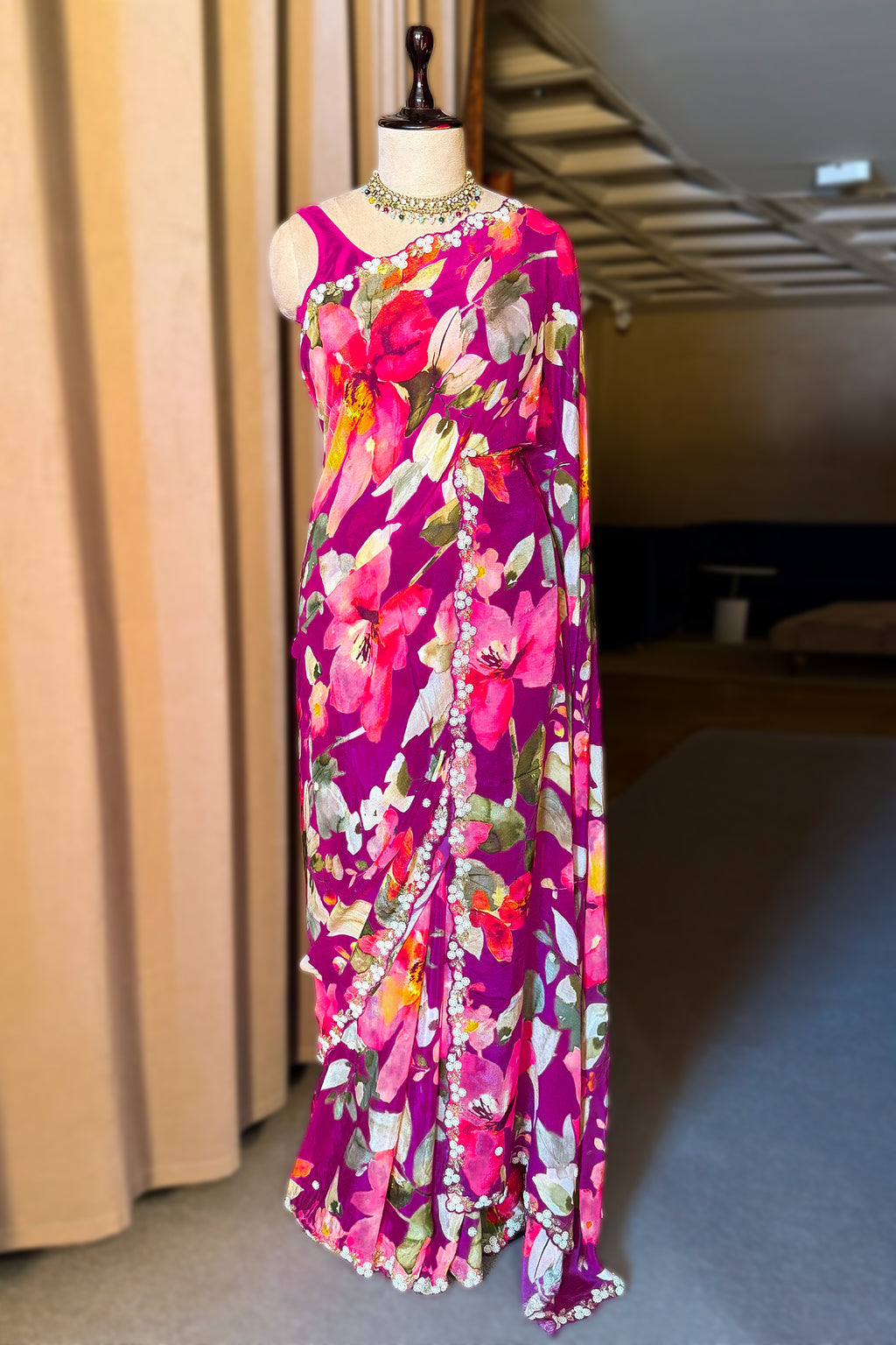 Dark Pink Chiffon Silk Floral Printed Saree with Beaded and Sequin Work On Border