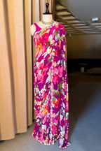Dark Pink Chiffon Silk Floral Printed Saree with Beaded and Sequin Work On Border